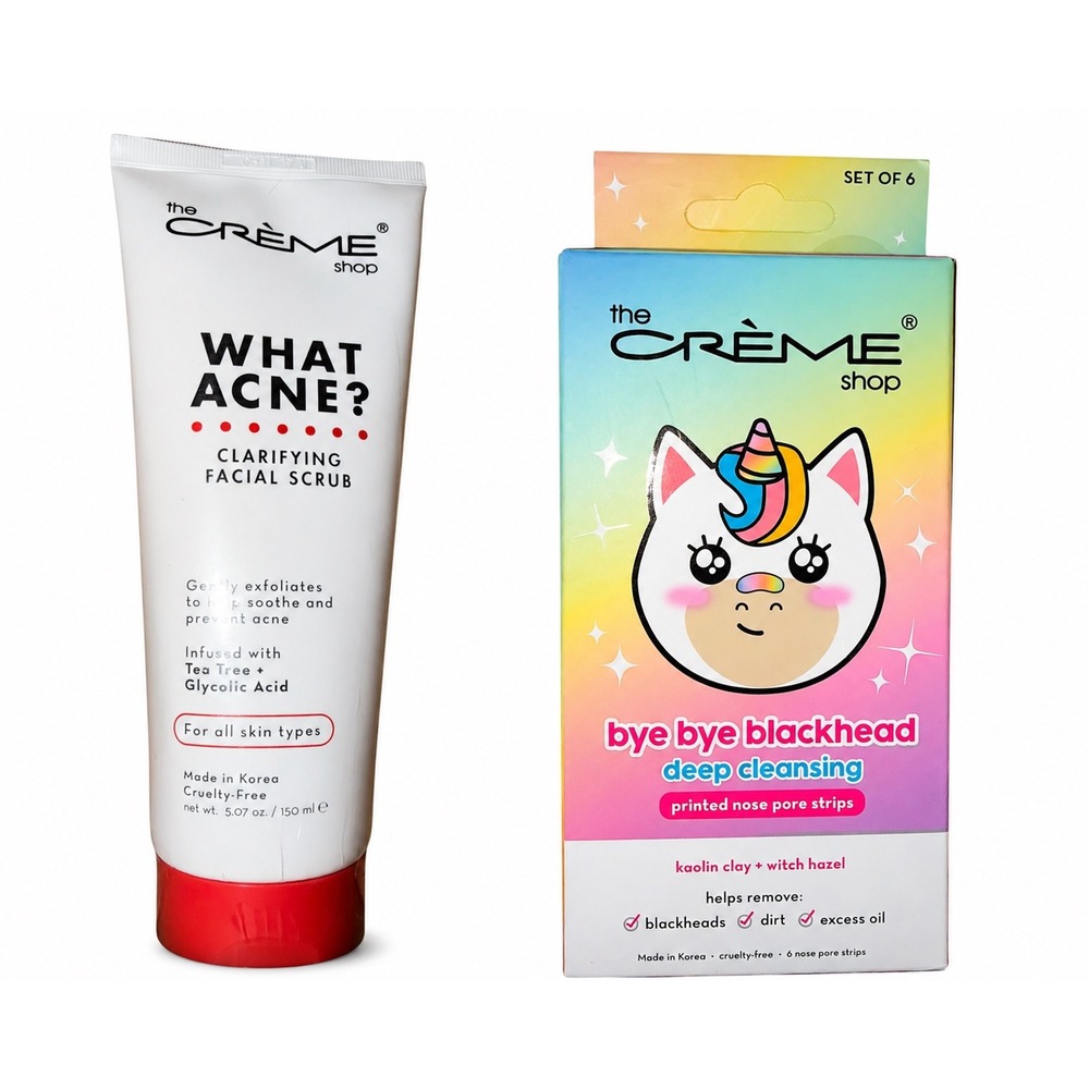 NIB‎ The Crème Shop Acne Skincare Bundle Facial Scrub & Unicorn Pore Strips